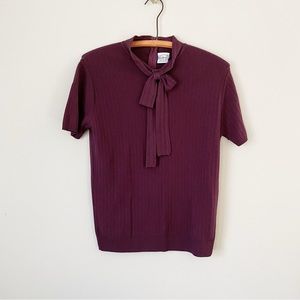 Vintage Purple Tie Neck Form Fitting Secretary Top Knit Short Sleeve Sweater S M